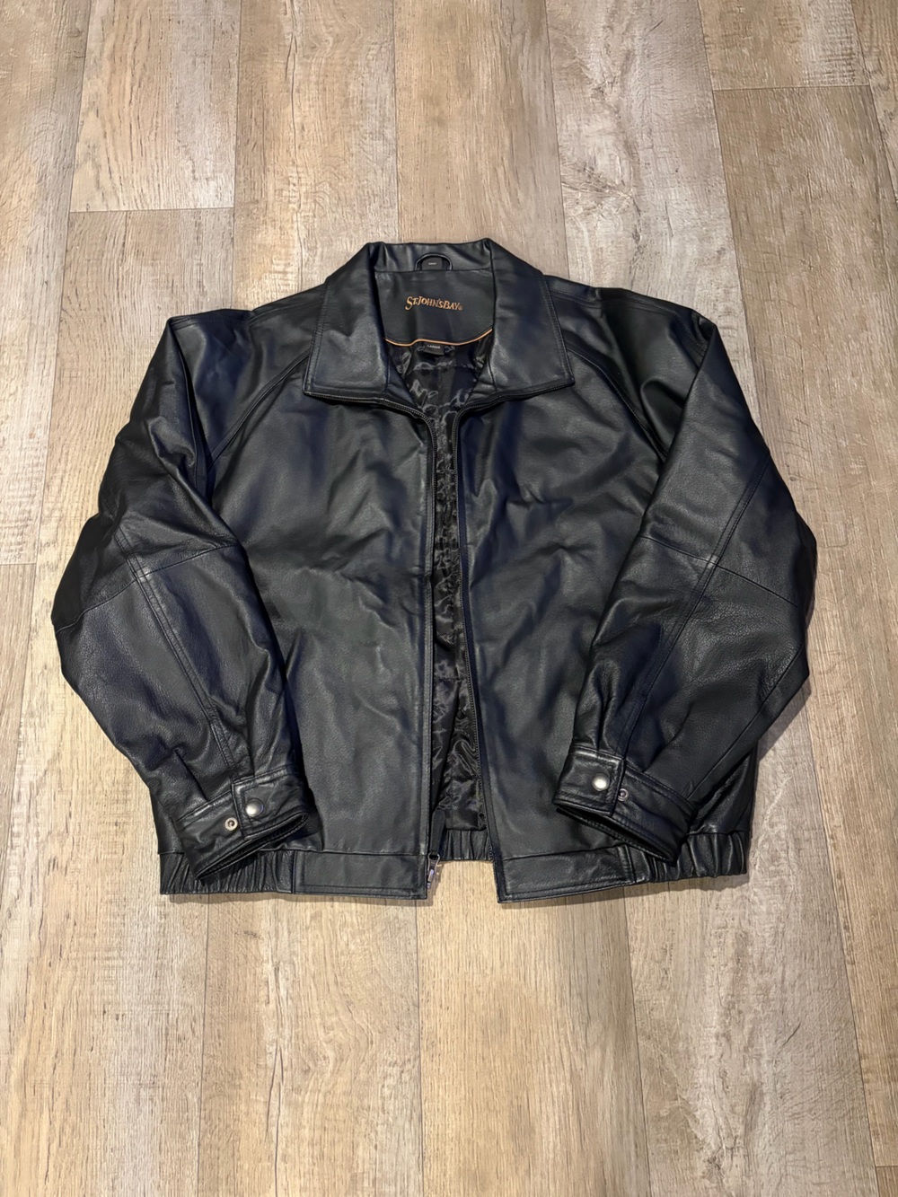 Vintage St. John's Bay Black Leather Biker Jacket. Size Large Winter Grunge
